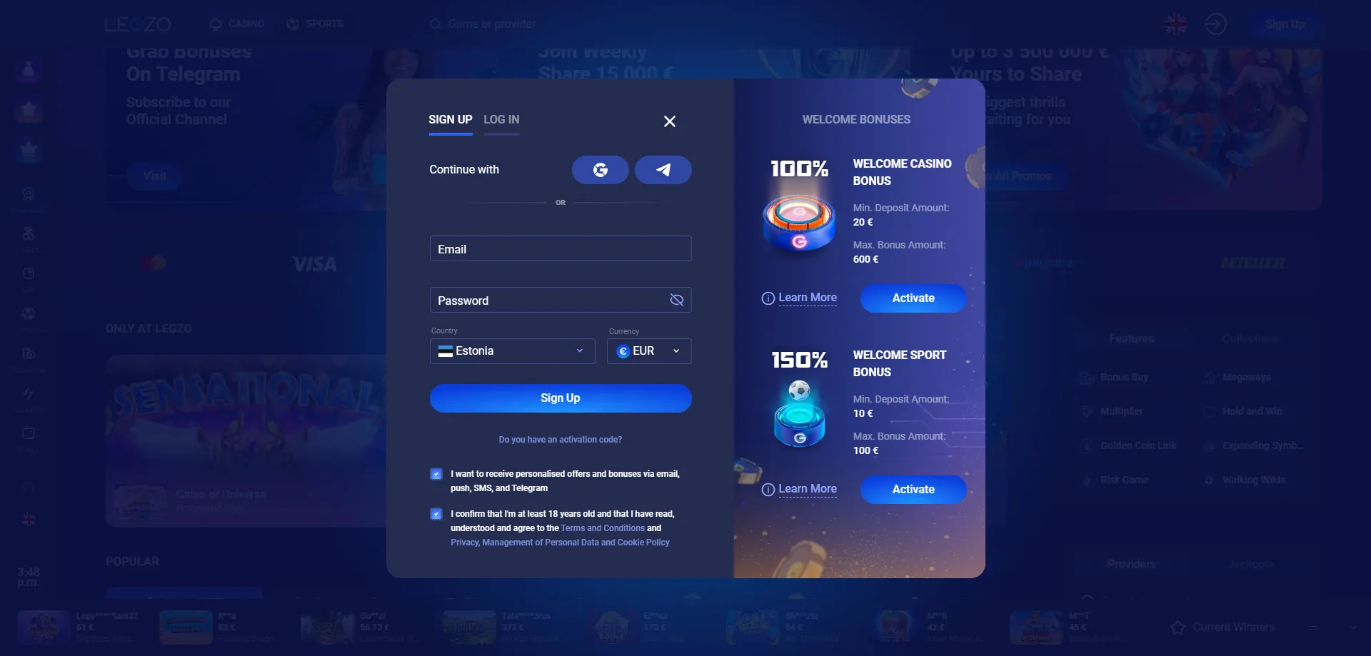 Legzo Casino registreerimine &ndash; uue konto avamine Eestis